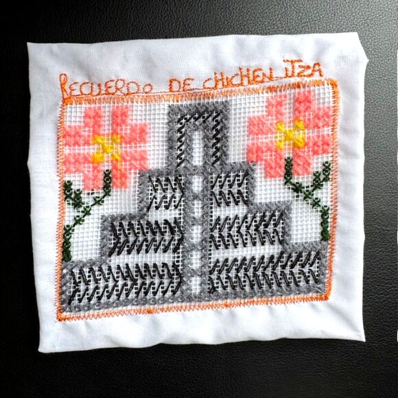 VTG Handmade Multicolor Cross-Stitch 18X18 Linen Mayan Ruins Primitive Decor Art - Picture 6 of 12